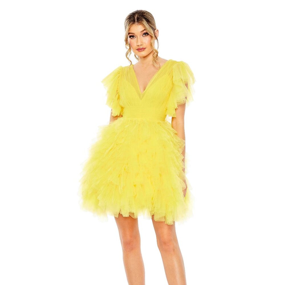 Mac Duggal Yellow Tulle Flutter Sleeve Mini Dress NWT 0 Cocktail Prom Pageants